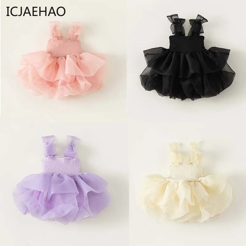 

ICJAEHAO Children's Dress 2024 Summer Matching Girls Baby Suspender Clothes Solid Color Suspender Bow Puffy Princess Mesh Skirt