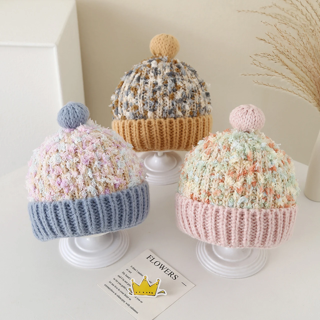 

Colorful Woolen Knitted Hats For Children Pompom Beanies Fashion Plush Ball Kids Pullover Cap Winter Warm Baby Crochet Bonnet