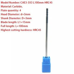 텅스텐 카바이드 엔드 밀 CNC 밀링 커터, 금속 가공 도구, 매우 긴 섕크, 100mm, 3mm, HRC45, 4 플루트