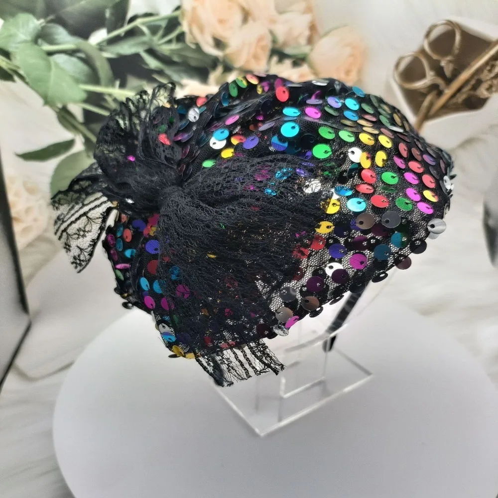 Diadema Vintage de lentejuelas con purpurina para primavera, cubierta de medio sombrero de ala ancha transpirable, medio sombrero para el pelo de verano, tocado de aro para mujer
