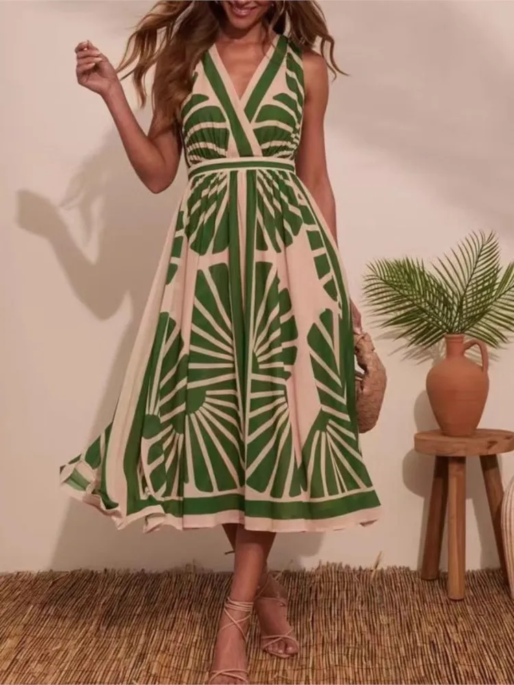 

Sexy Deep V Neck Sleeveless Bohemian Long Dress Women Summer Fashion Casual Printed Loose High Waist Lace-up Backless Dresses