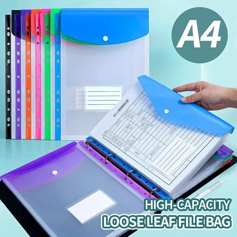 

6/12pcs A4 11 Holes Binder Pocket Organizer Folders Transparent File Bag Document Pouch with Button Label for School Home Office