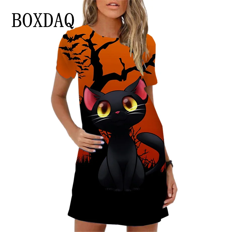 

Funny Cartoon Cat Print Dress For Women Fashion Cute Short Sleeve O-Neck Loose A-Line Dress Summer 2024 New Women Sundress Dress