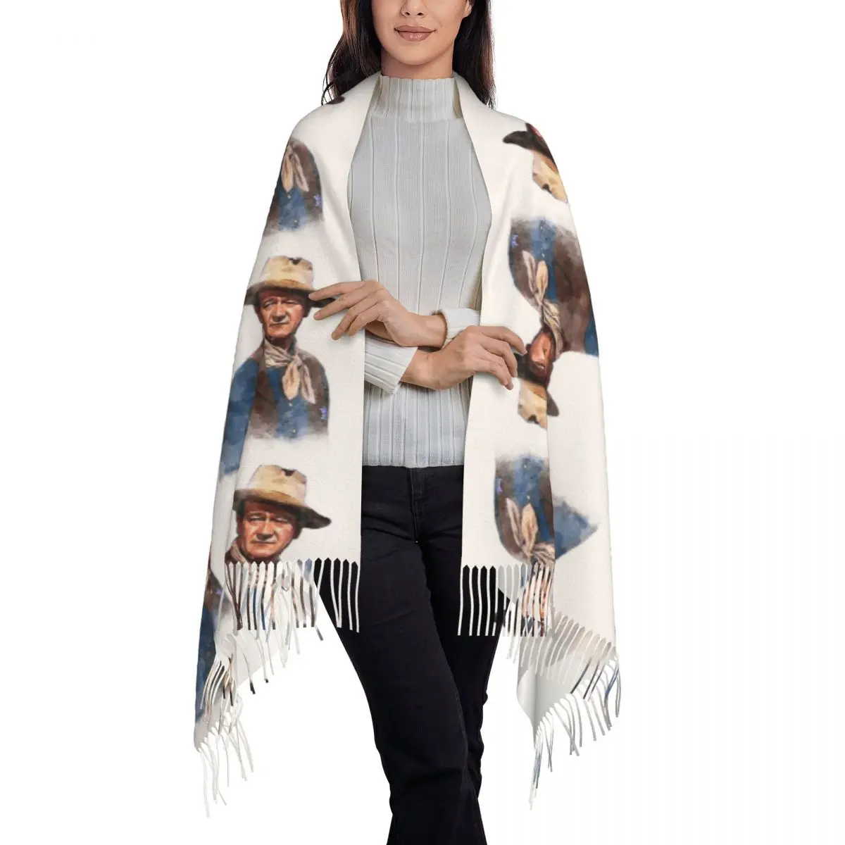 John Wayne "The Duke" Watercol Scarf Tassel Scarves Women Soft Warm Shawls and Wraps Large Fall Winter Shawl Wrap