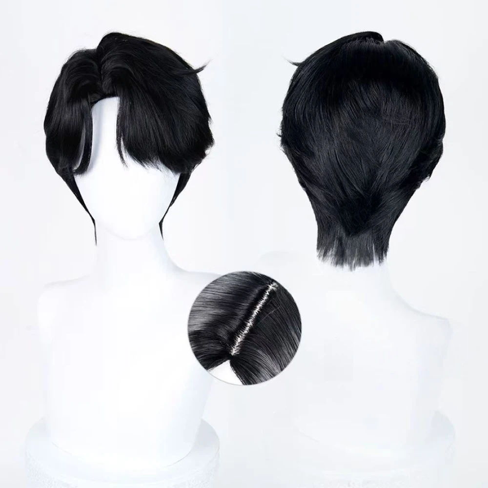 Perruque courte noire, raie au milieu, cheveux en couches, frange rideau, pour cosplay, Halloween, soirée costumée, spectacle sur scène et coiffure audacieuse au quotidien