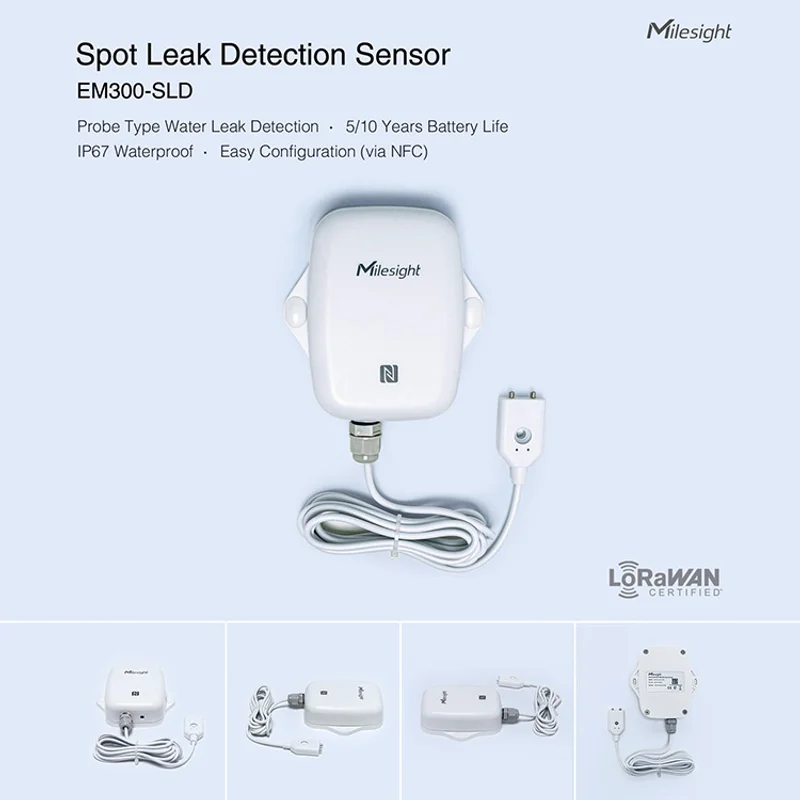EM300-SLD LoRaWAN Spot Water Leak Sensor 1.5 m Probe IP67 10 km 4000 MAh 10 Year Battery Server Room HVAC Tray