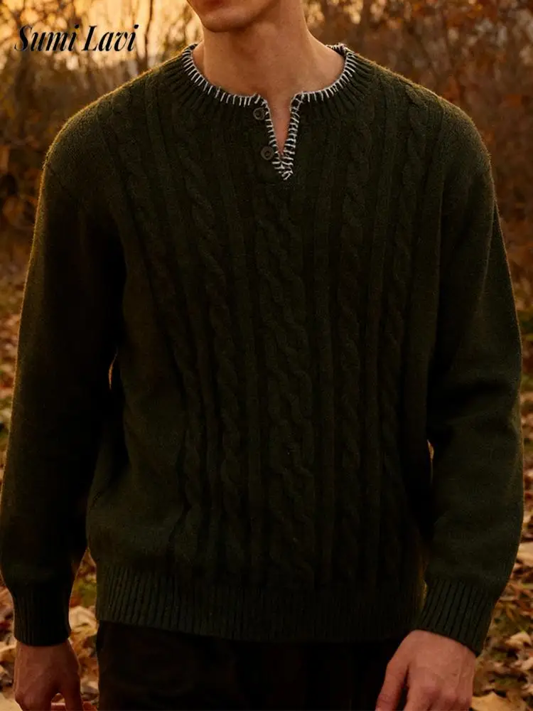 

Повседневные текстурированные мужские свитера с длинными рукавами, весенне-осенний модный тонкий джемпер, топы для мужчин, винтажный свитер на пуговицах с вырезом на пуговицах