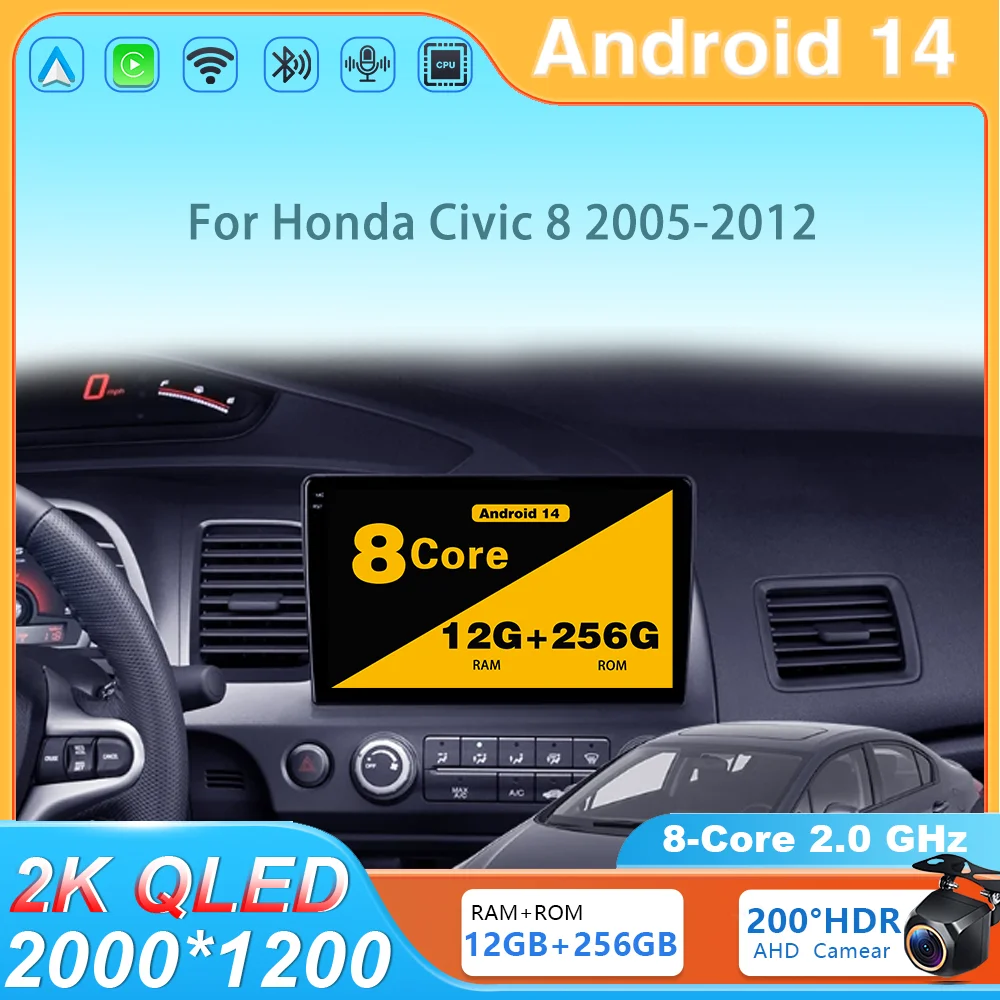 

10" Android 14 Carplay Car Stereo Radio For Honda Civic 8 2005 - 2012 Multimedia Player Navigation GPS 2 Din 4G Audio DVD 4G