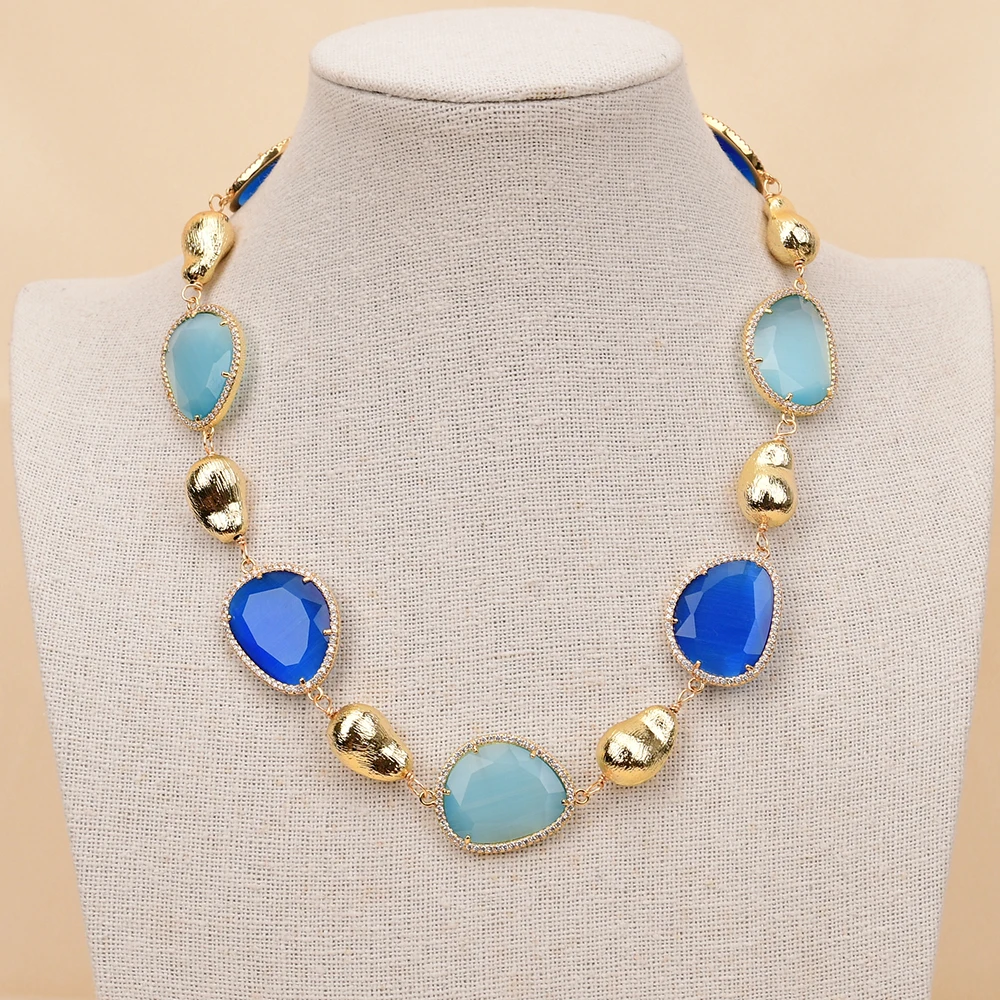 G-G 18'' Natural Mix Color Blue Gold Edge Plated Cat eye CZ zircon Jade Brushed Beads Chokers Necklace Handmade For Lady