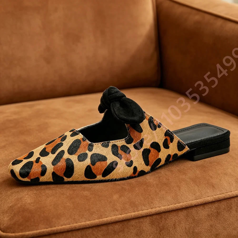 Women Leopard Print Mules Square Toe Flat Backless Slippers Cute Black Bow Decor Slip On Shoes Casual Street Fashion Footwear