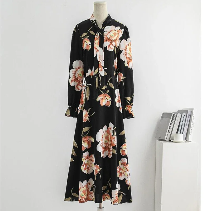 Autumn Spring Chiffon Dress Women Casual Dresses Vestidos Fashion Female Vintage Printed Floral Full Sleeve  A-line Long Dresses