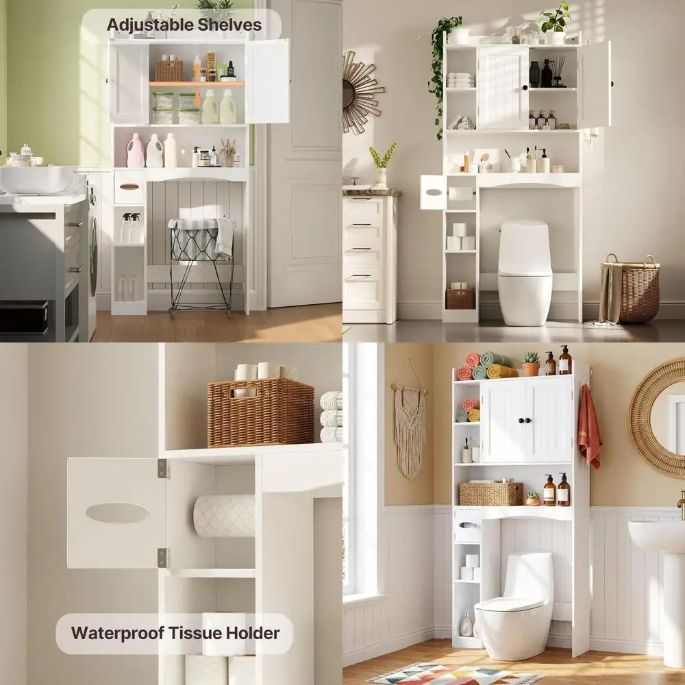 66 White Over-the-Toilet Storage Cabinet with Adjustable Shelves for Bathroom & Laundry Organization