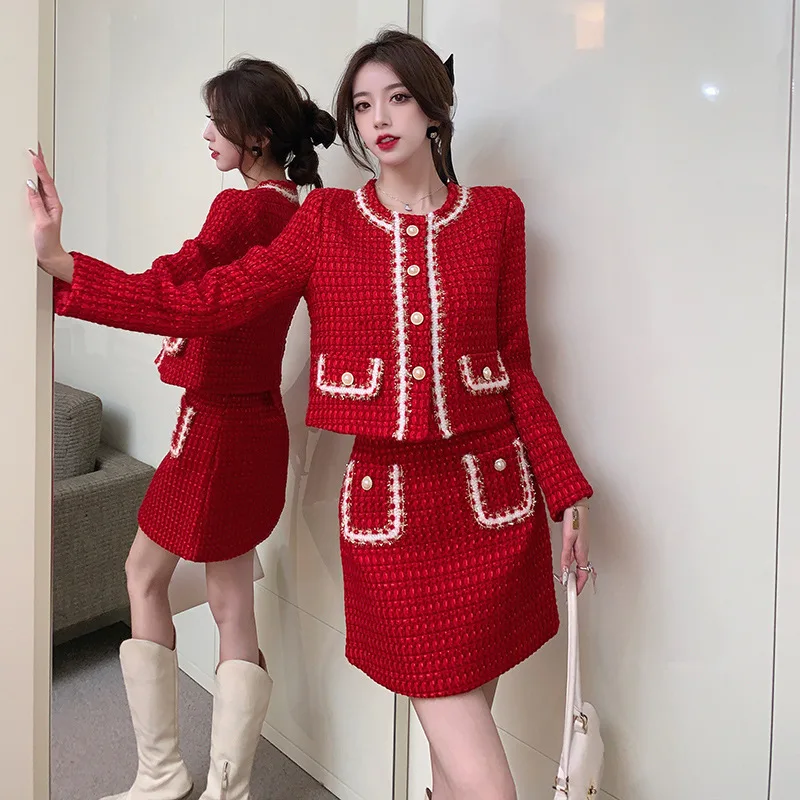 Small Fragrance Wind tweed Two Piece Set Women’s Red Temperament Outfit Cropped Coat+Mini Skirt Slim Fitting Elegant Suit Spring