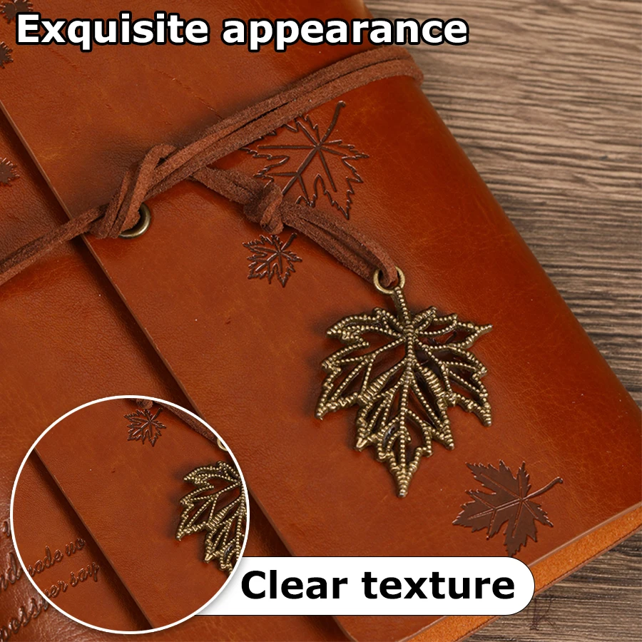 Retro-Ledereinband, nostalgisches Notizbuch mit gefallenen Blättern und Spiralringen für lose Blätter | Reisetagebuch | Handkontobuch im Waldstil – Detail 5