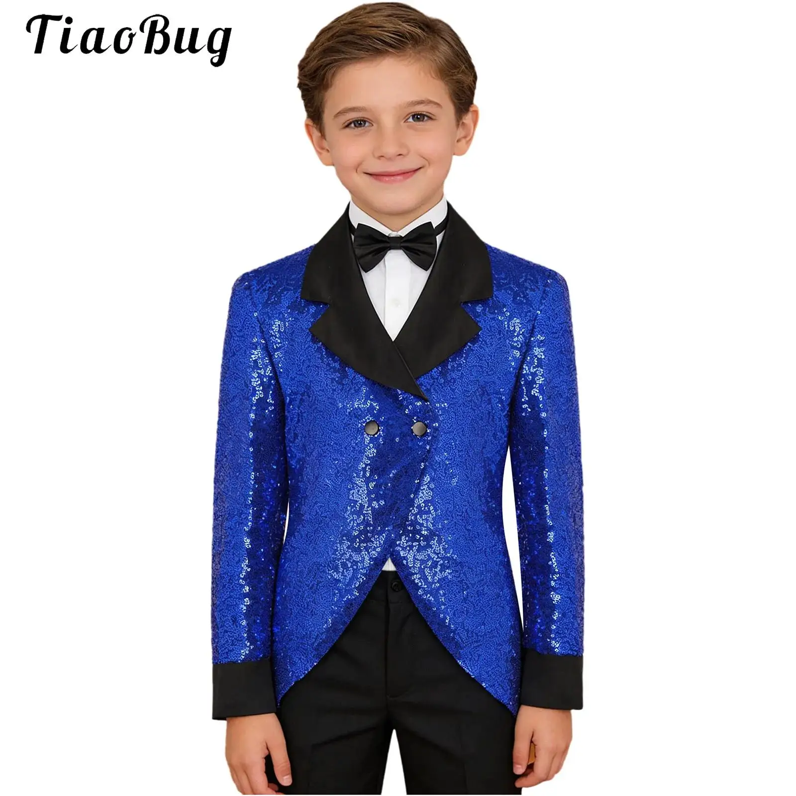 Kids Boys Glittery Sequins Tuxedo Blazer with Bowtie Child Long Sleeve Gentleman Tailcoat Jacket Wedding Formal Party Magic Show
