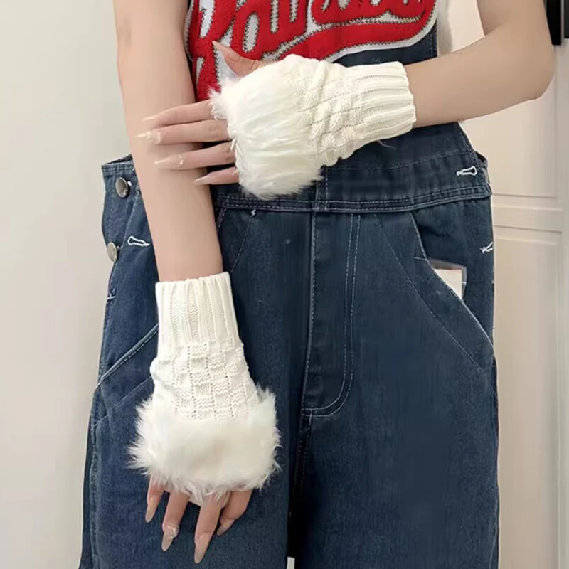 

Knitted Fuzzy Fingerless Winter Warm Gloves Short Touchscreen Plush Hand Cuffs Girls Cute White Decoration Sleeves