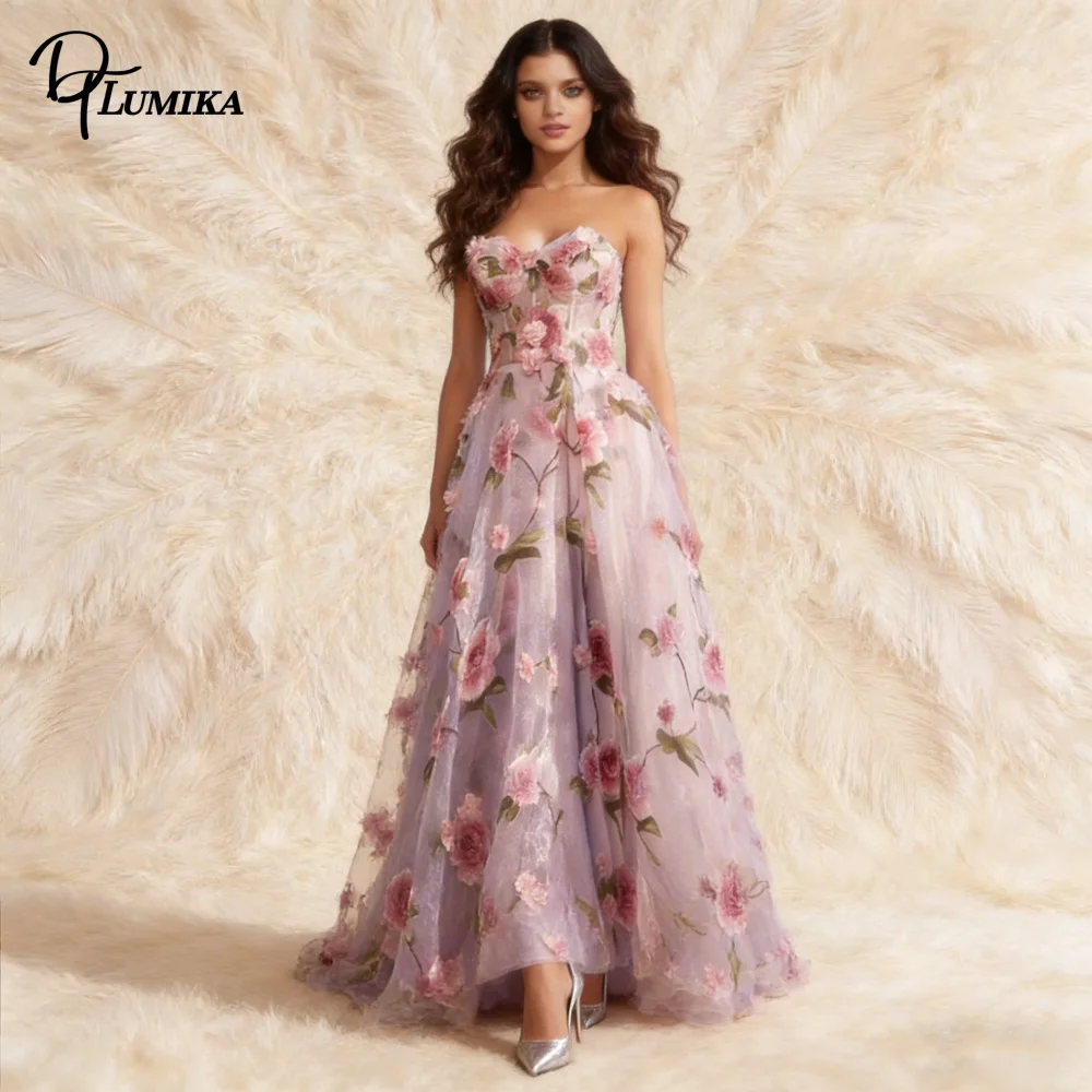 

Floral Embroidered Tulle Gown Strapless A-Line Formal Prom Dress Whimsical Elegant Outfit Romantic Fairy Tale Formal Dress