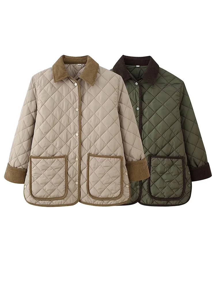 HH Woman Turn-down Collar High Street Out Argyle Coat Women Winter Loose Pockets Decorate Long Sleeve Single-breasted Coat