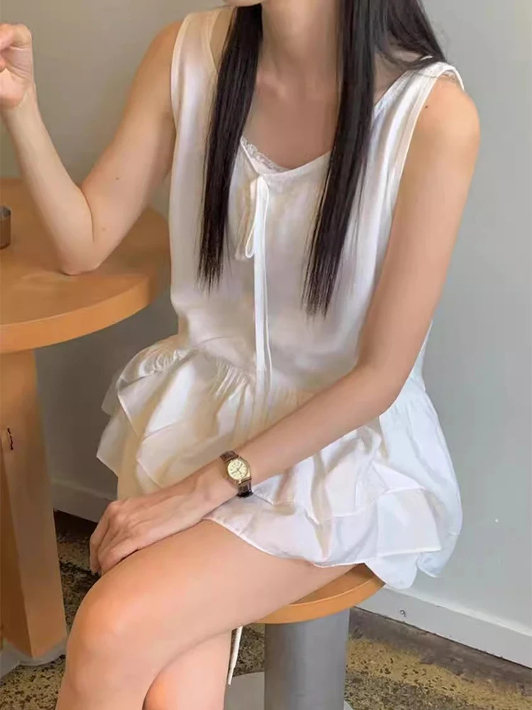 

Двухслойный жилет с кружевной отделкой и белым ремешком, женский летний новый милый антивозрастной верхний костюм с перекрытием, топ из хлопка 00% цвета