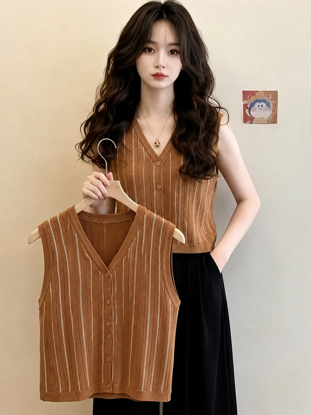 

Retro Versatile Knitted Vest V-Neck Stripe Single Button Sleeveless Top Fashionable Commute Straight Cut Korean Style Silk
