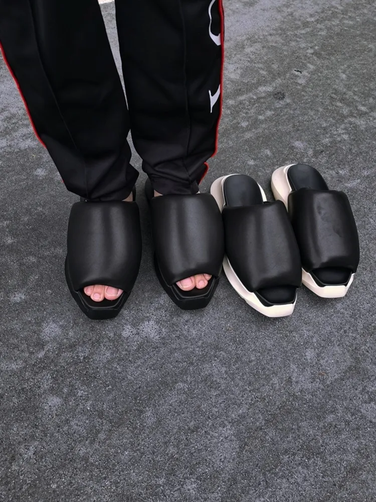 Designer Summer Mens Peep Toe Thick Platform Slides Shoes Soft Sheepskin Genuine Leather Slippers Outside Casual Beach Slippers