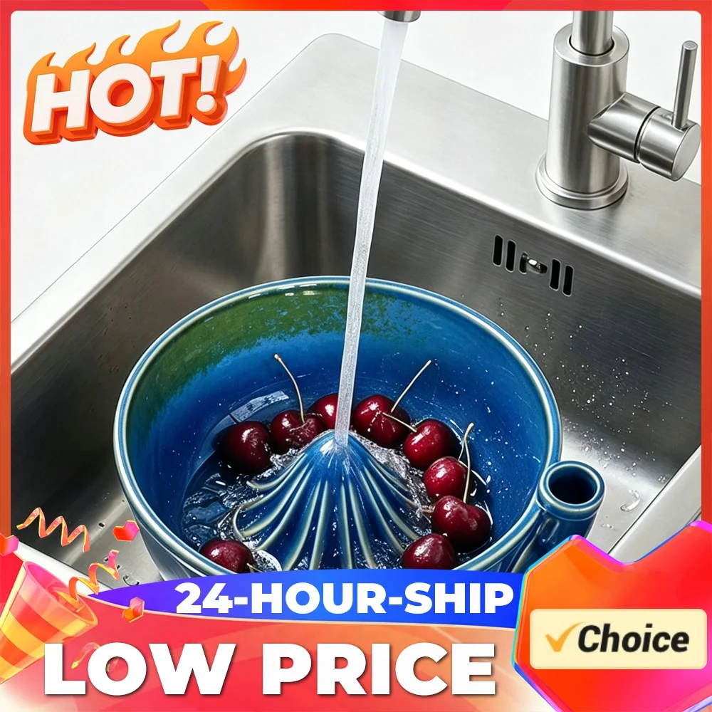 Stylish Ceramic Berry Rinsing Bowl Efficient Fruit Cleaning Tool With Spout Drain Design Durable Kitchen Gadget 7.09 Inch