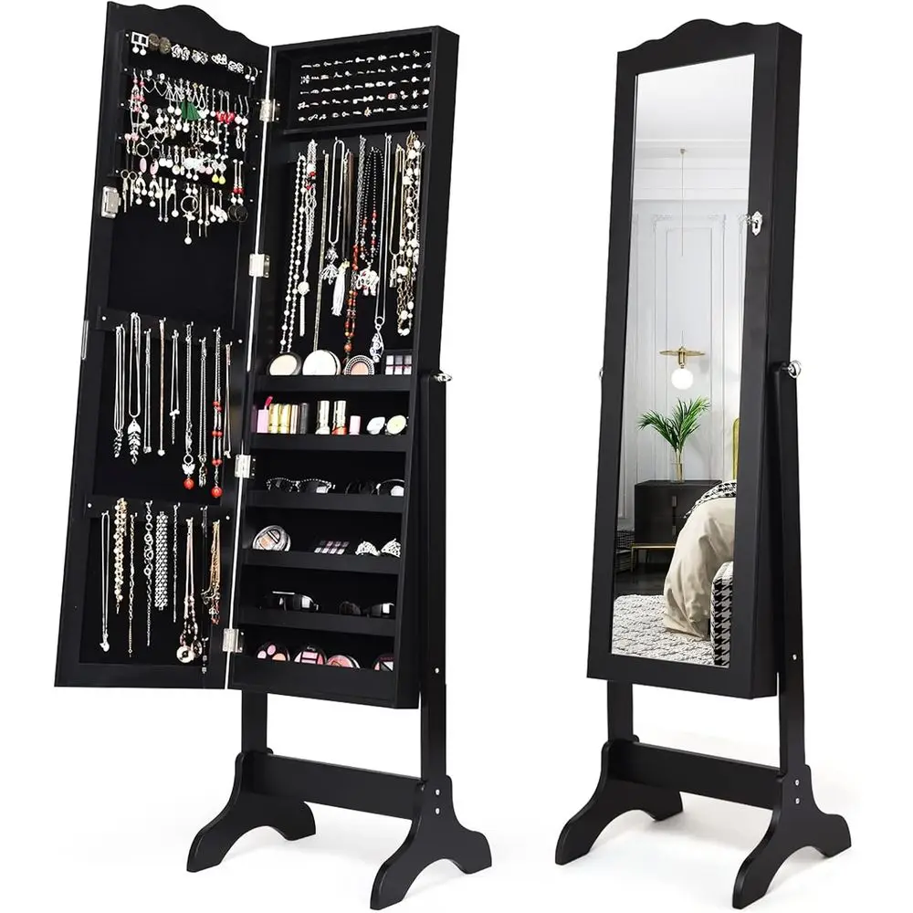 Black Lockable 4-Angle Mirrored Cabinet with Full-Length Mirror and Ample Storage for Bedroom or Living Room