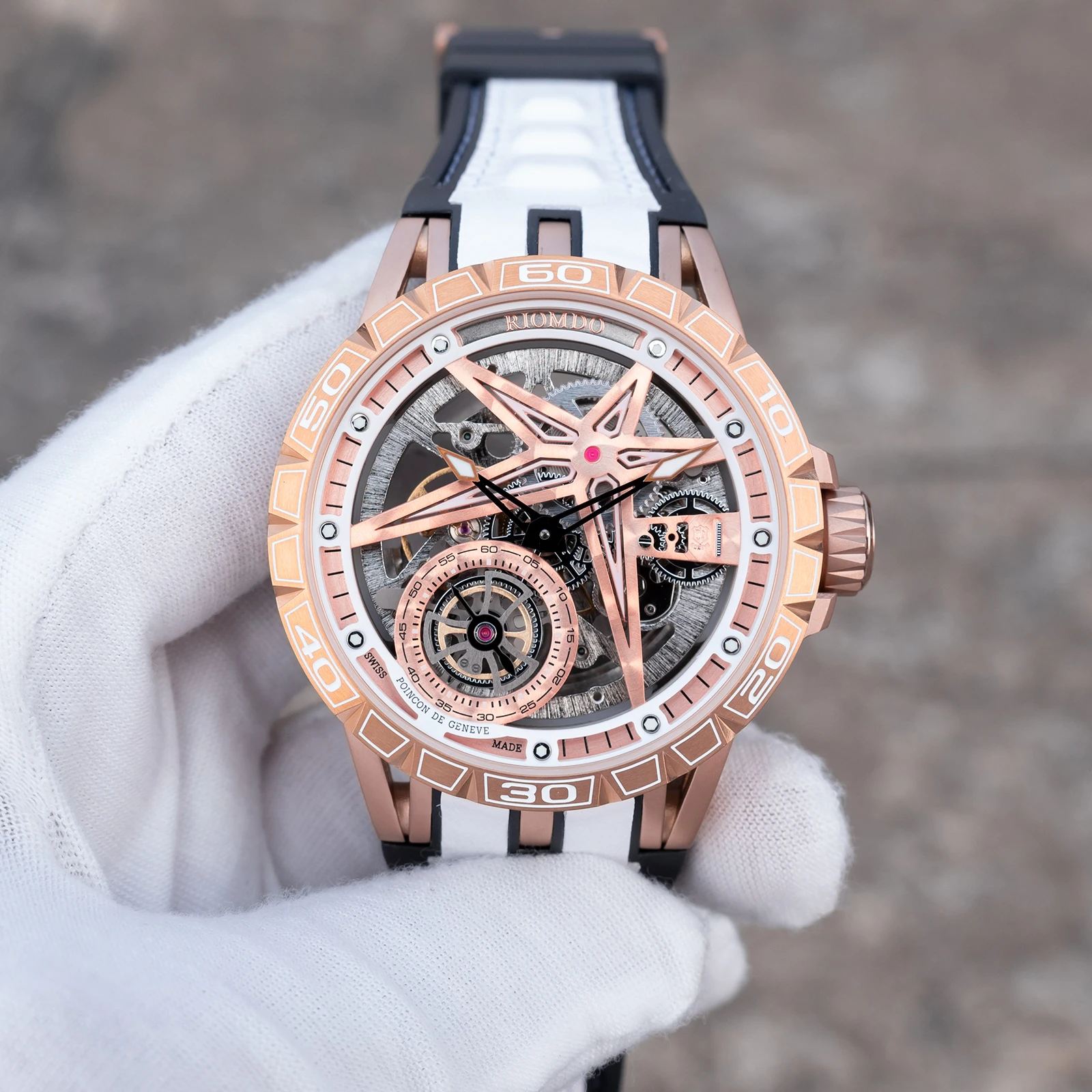 OBLVLO Mens Luxury Machinery Skeleton Dial Mechanical Automatic Watch Analog White Rubber Band Military Watch RD-901