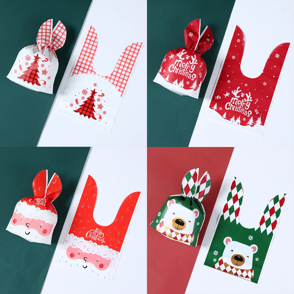 50pcs Christmas Themed Cartoon Rabbit Ears Plastic Gift Bags Santa Claus Patterned Goodie Bags for Holiday Treats Christmas Gift