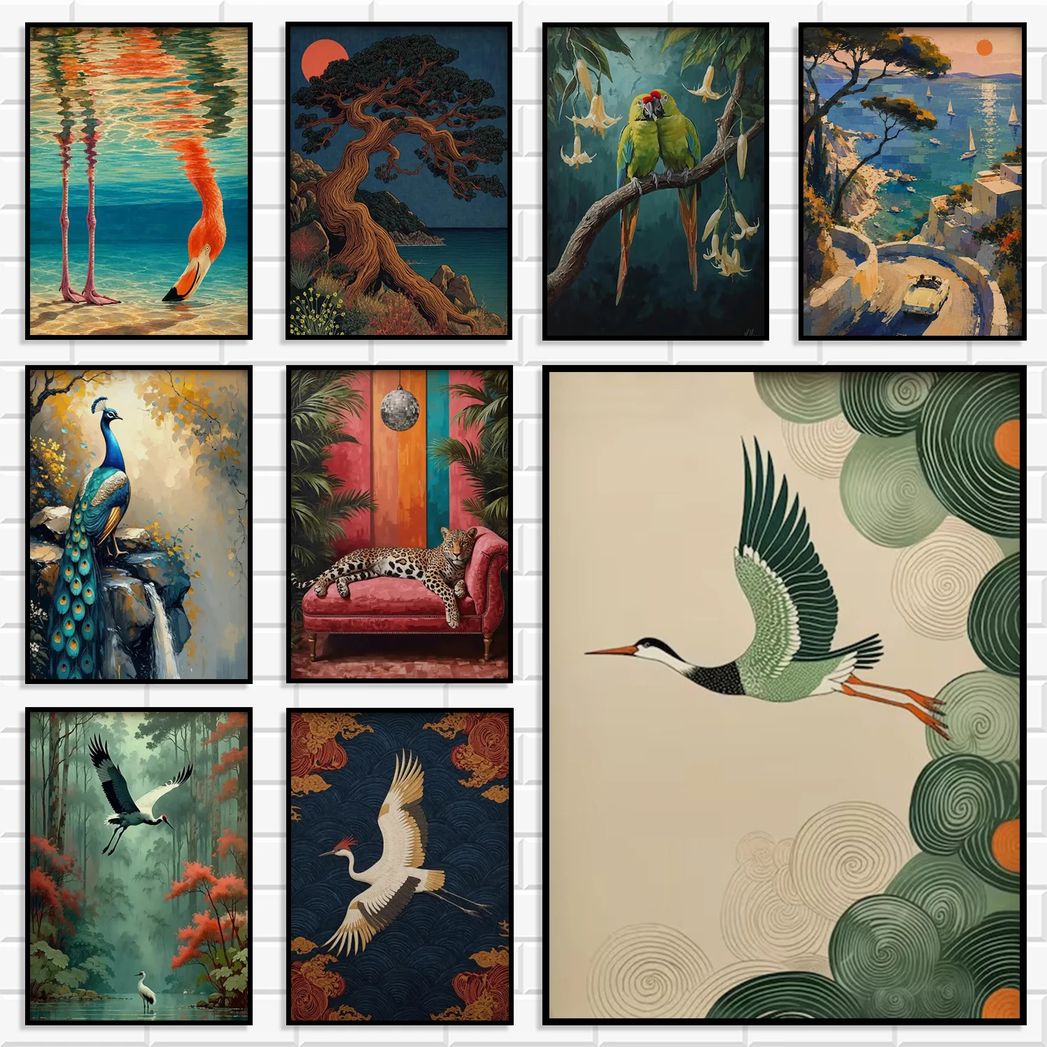 Retro Vintage Wildlife Wall Art Prints Tropical Animal Landscape Canvas Posters Flamingo Peacock Crane Leopard Nature Home Decor