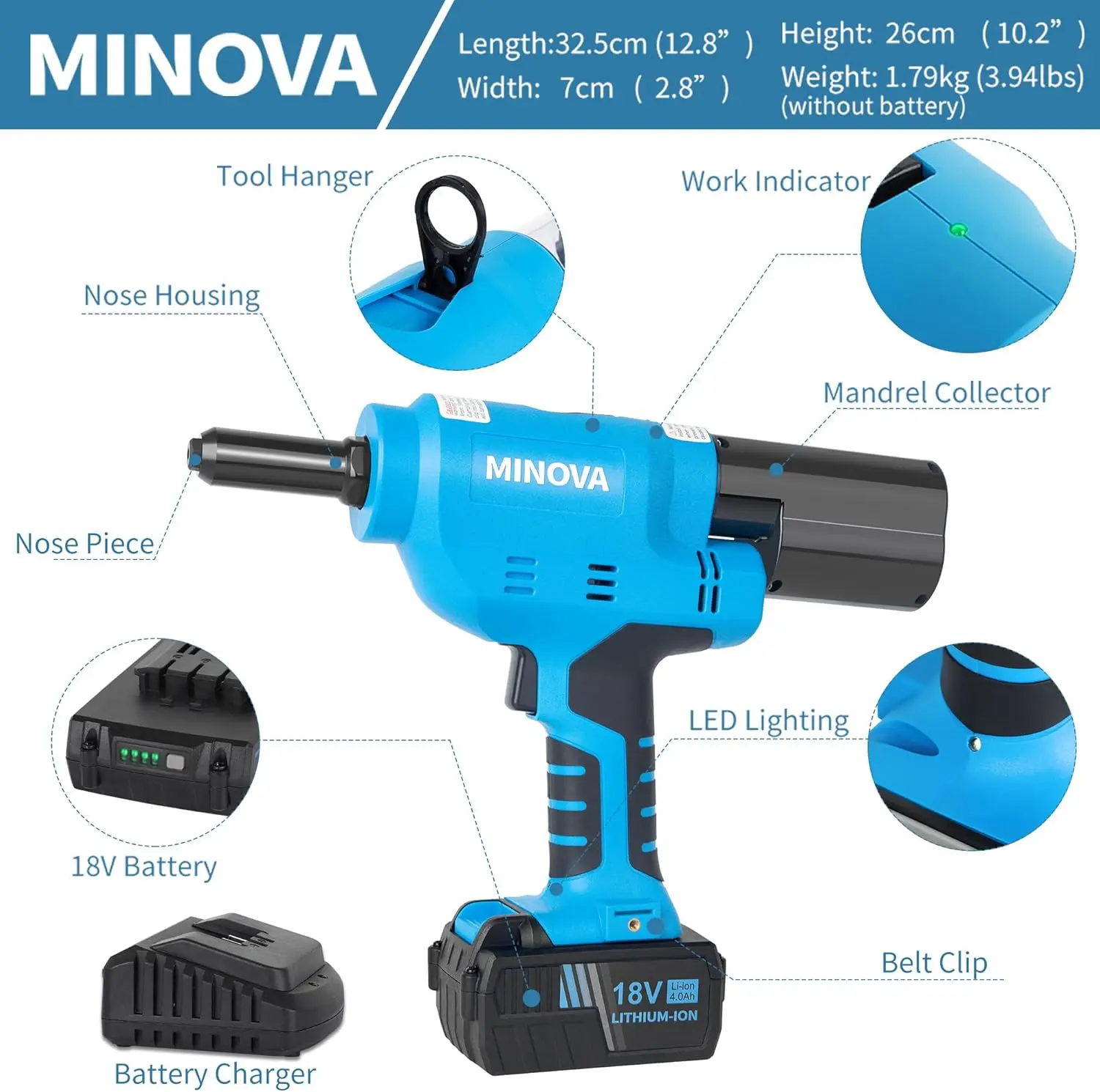 Brushless Rivet Gun, Cordless Rivet Tool compatible with 1/4"(6.4mm) Stainless Steel Rivets, Automatic Rivet Recoil with 18V 4.0