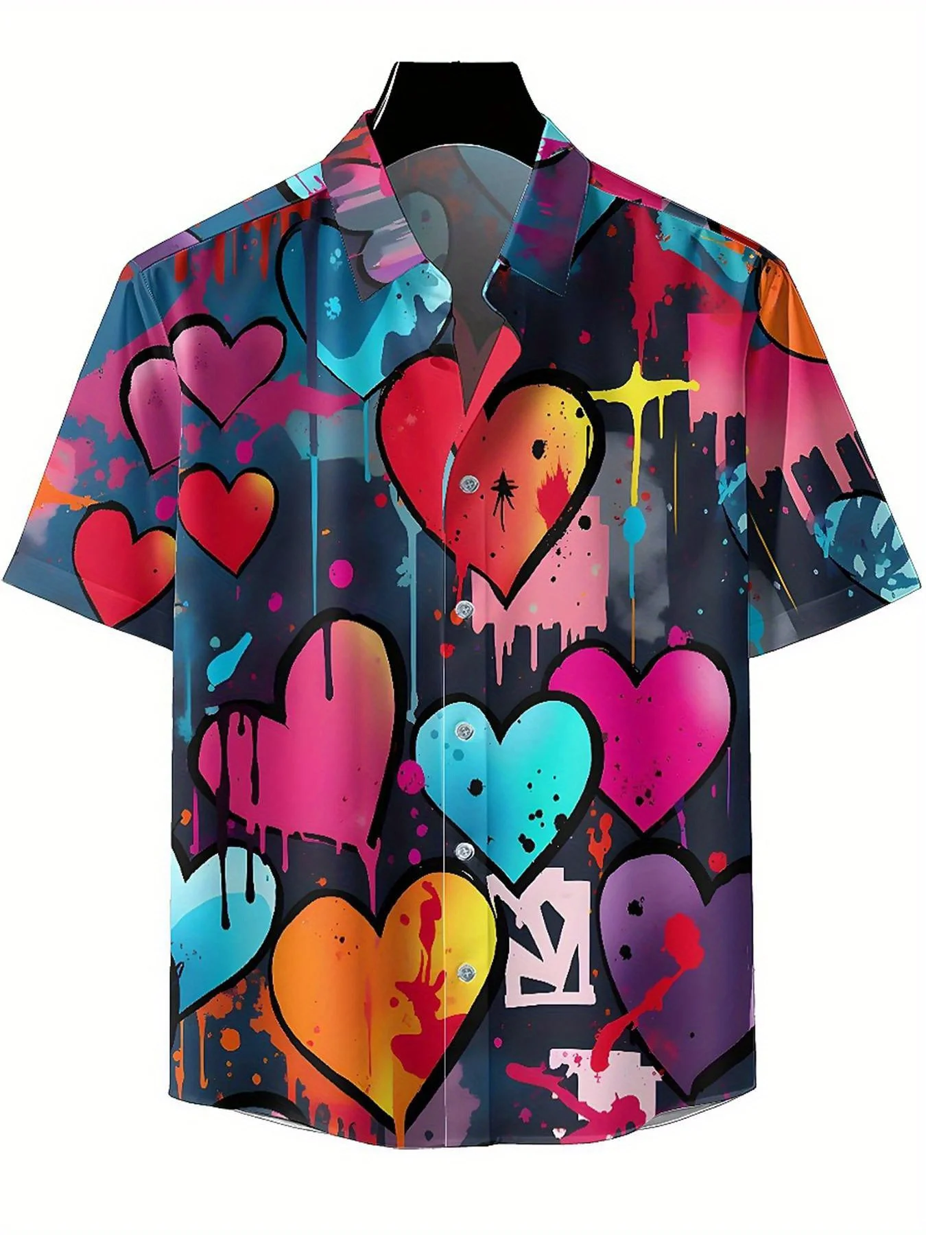 Men's Plus Size Hawaiian Shirts Heart-shaped Graffiti pattern,Unisex Baggy Aloha Shirts,summer Alternative Clothing