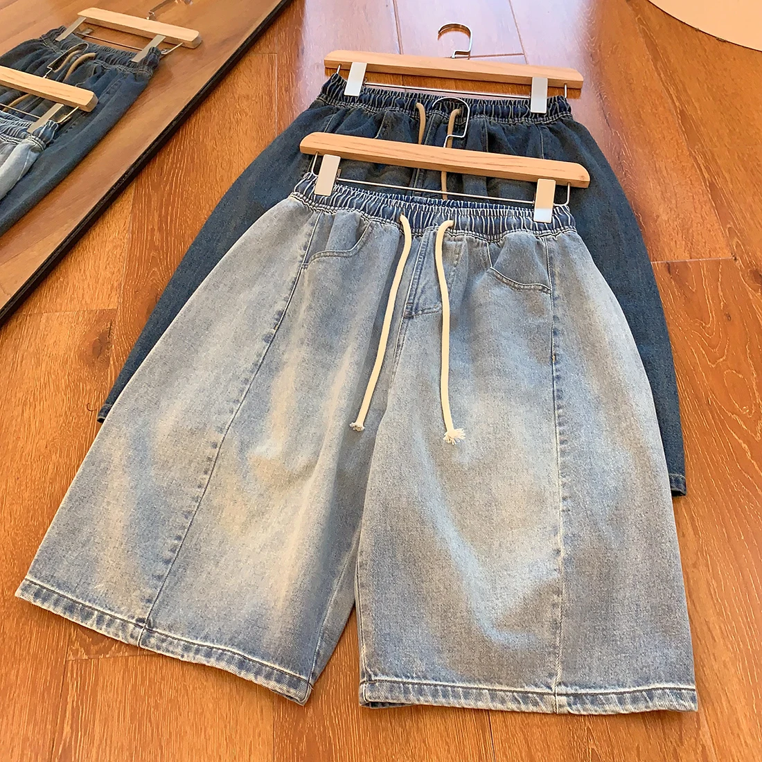 

Женские летние простые джинсовые брюки средней длины с эластичной резинкой на талии, однотонные синие брюки, женские повседневные универсальные повседневные джинсовые шорты