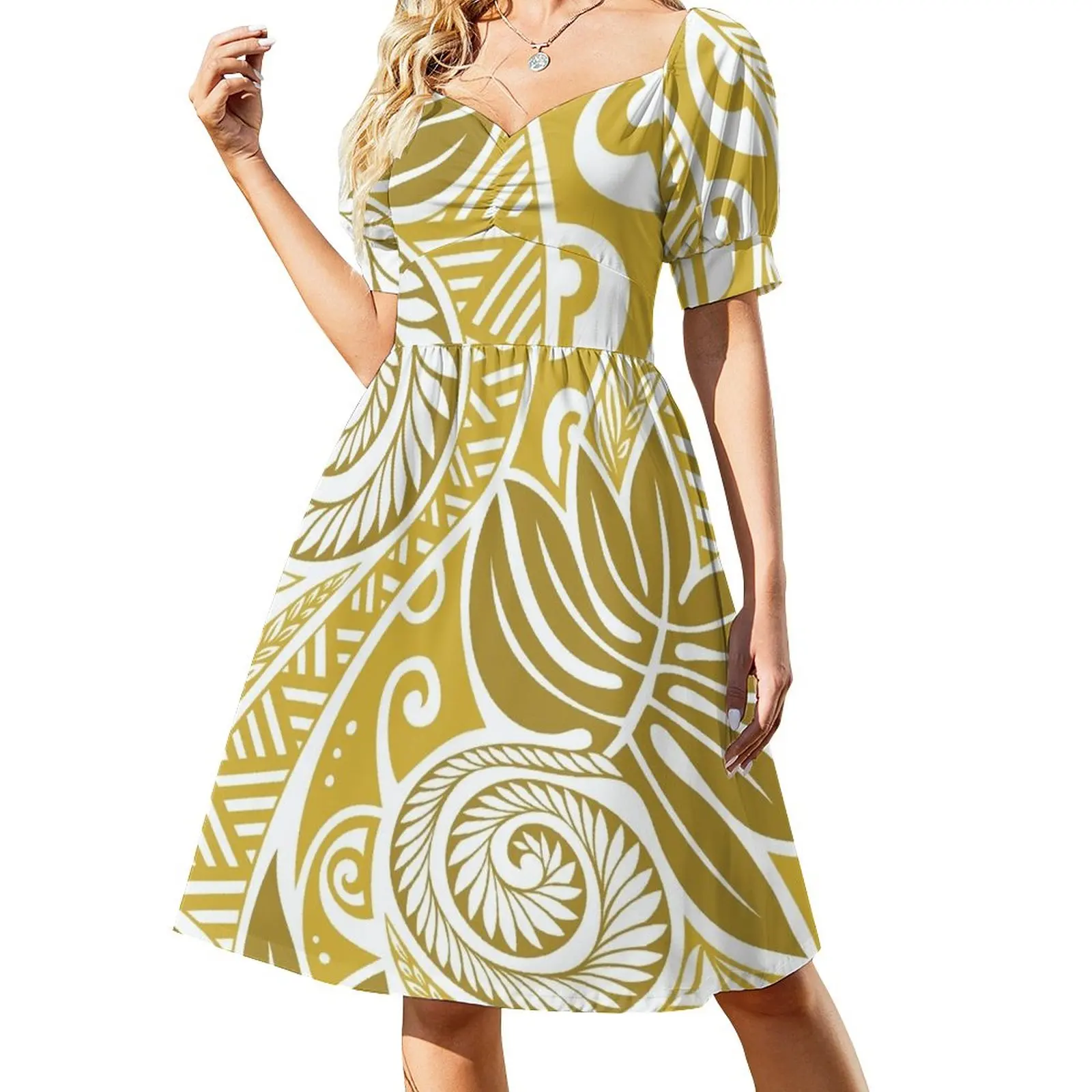 

Hawaiian ulu breadfruit golden white design Sleeveless Dress Female dress cute dress clothes for woman