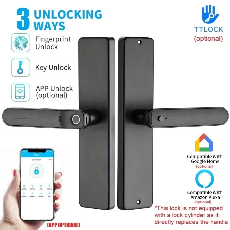 TTlock APP Unlock Smart Door Lock Fingerprint APP Key Unlock Electrical Lock for Home Safe Just Replacing The Handle USB Charge