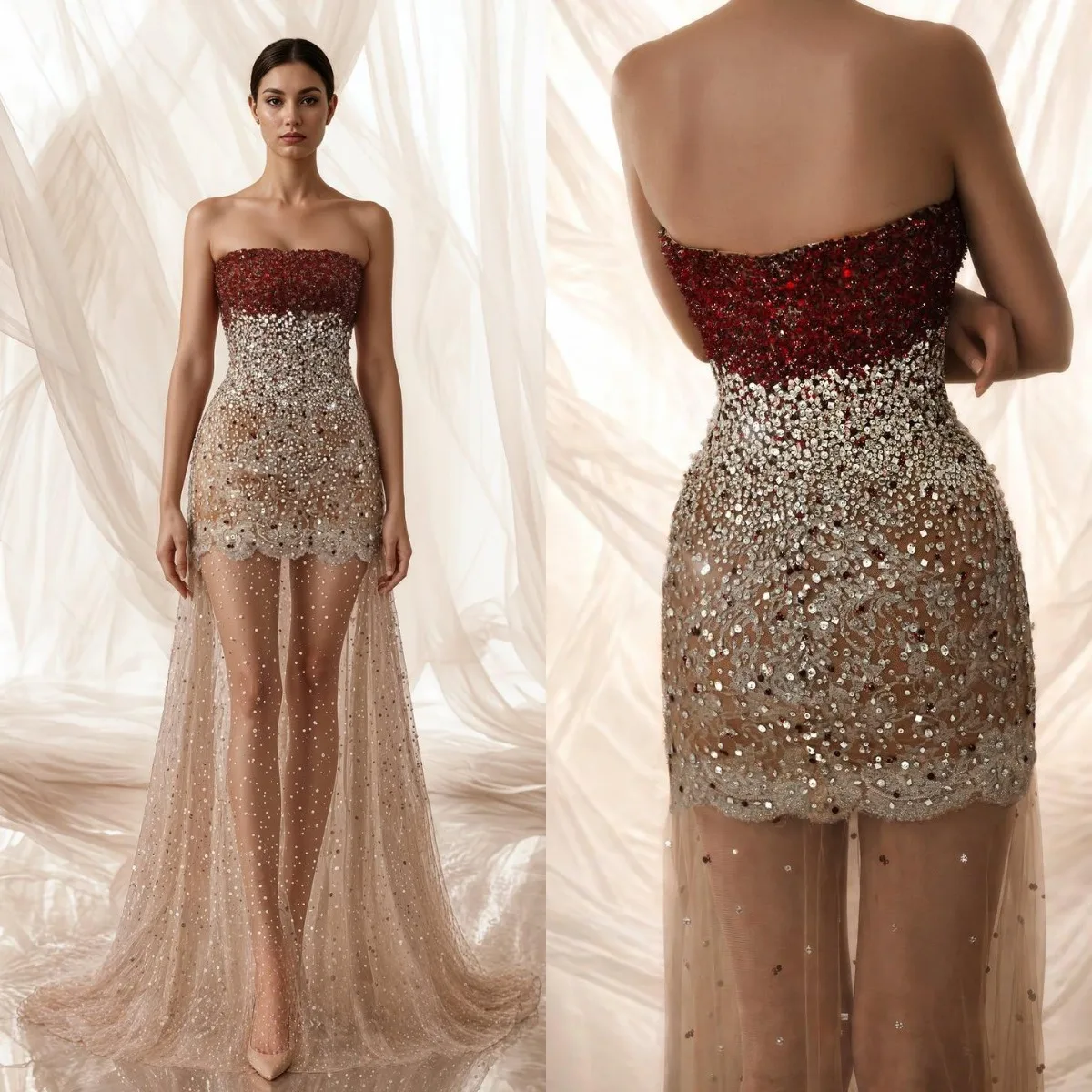Modische Abendkleider in A-Linie für Damen, trägerloses, ärmelloses Kleid mit Kristall-Pailletten, durchsichtiges, bodenlanges Kleid, individuell gestaltet