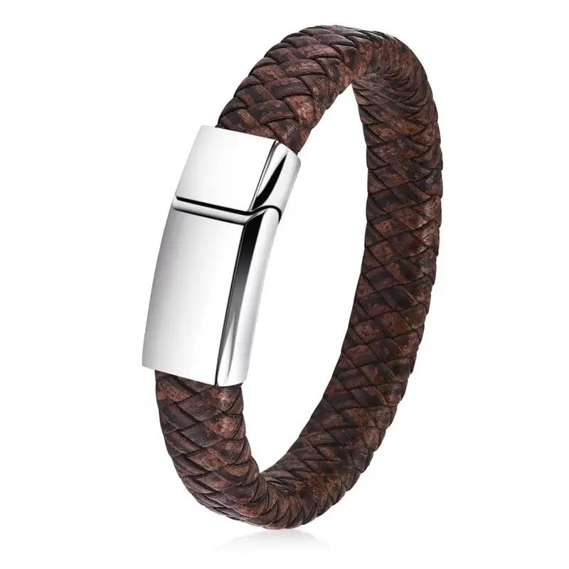 Men Brown/Black Braided Leather Bracelet Stainless Steel Magnetic Clasp Fashion Bangles Punk Male Jewelry Gift Size 18.5-24cm