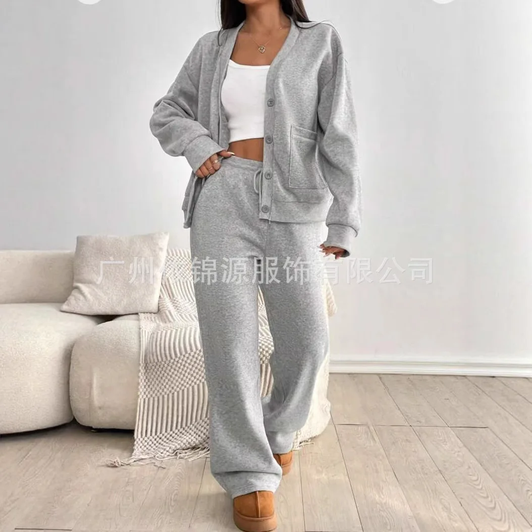 

2025 New Fashion Button Shirt + Wide-leg Pants Two-piece Sets Women Autumn Casual Loose Solid Color Top Trousers Suit For Women