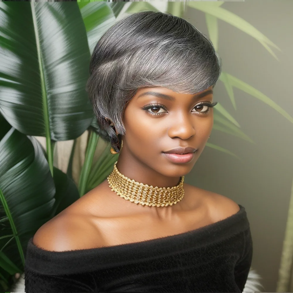 

Серый парик из натуральных волос Remy с стрижкой пикси для женщин, 100% машинное качество волос