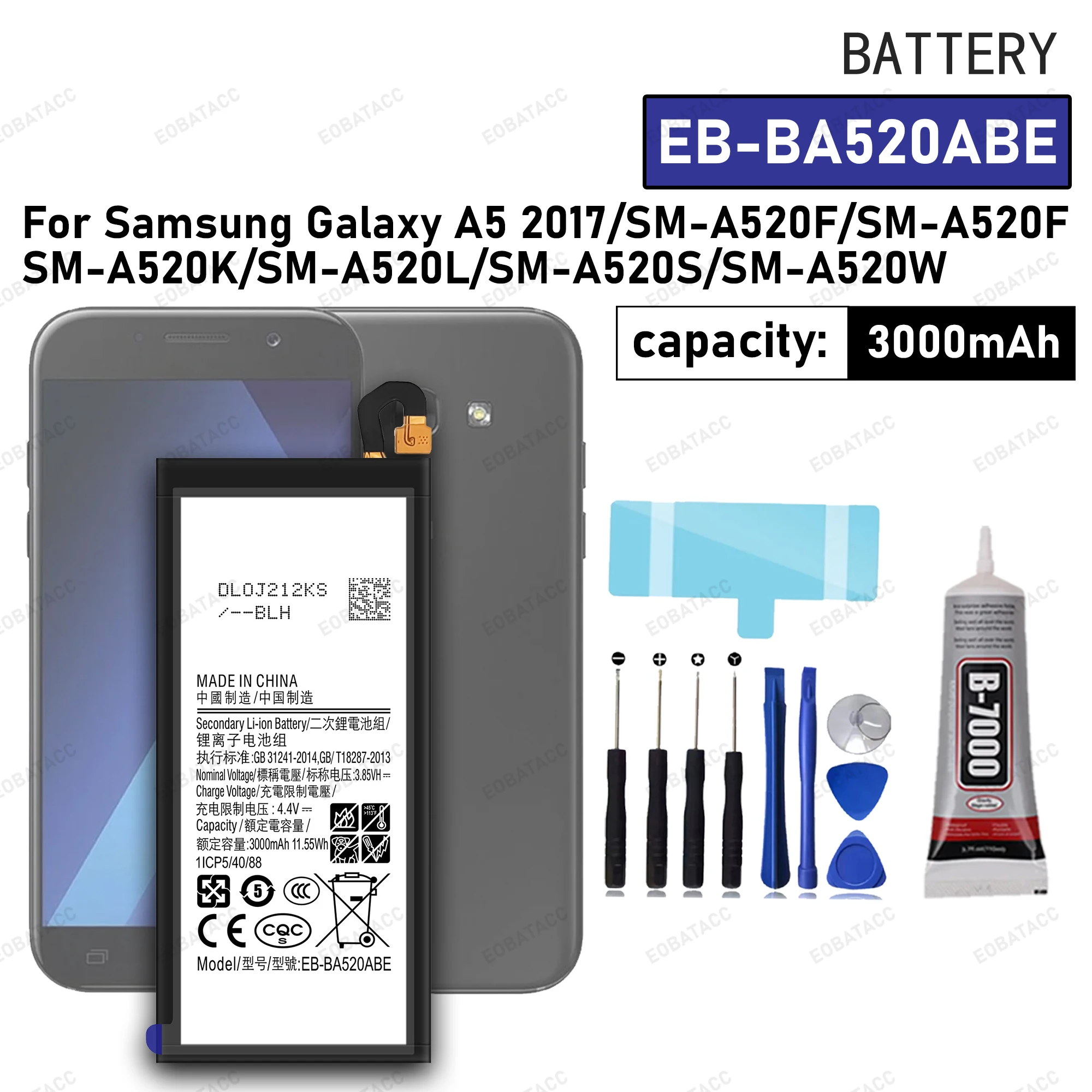 

100% новый аккумулятор высокого качества EB-BA520ABE для Samsung Galaxy A5 2017/SM-A520F, сменные аккумуляторы, аккумулятор + бесплатные инструменты