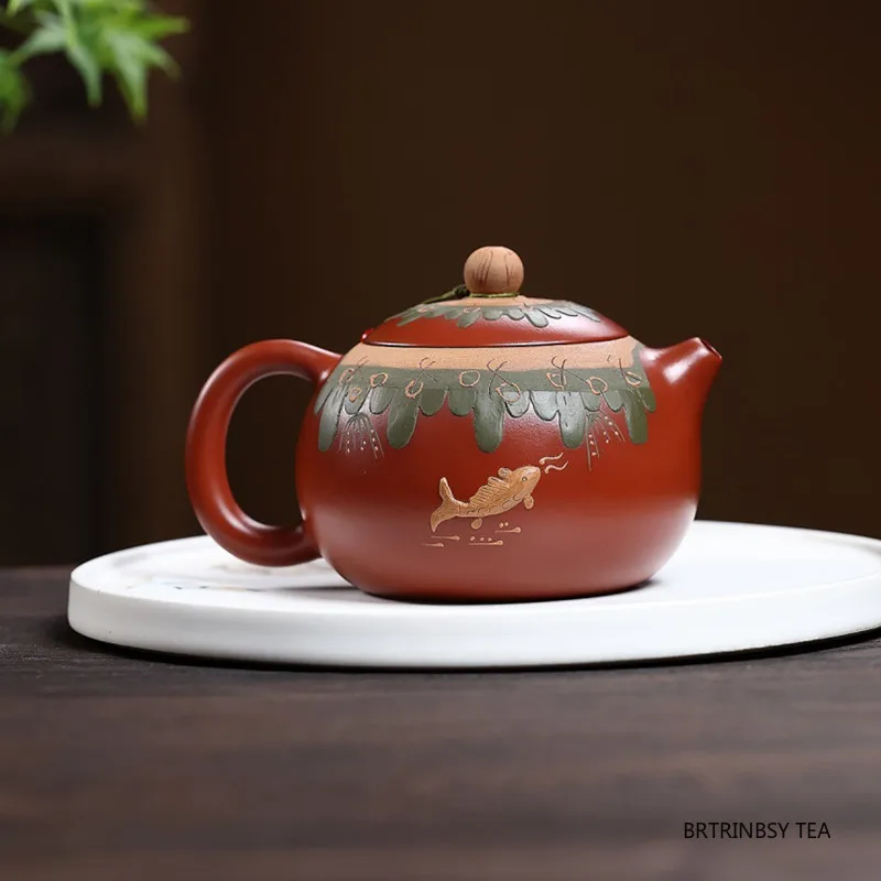340ml Yixing Handmade Purple Clay Teapot Fish Pattern Xishi Tea Pot Beauty Kettle Household Teacup Chinese Zisha Tea Set Teaware