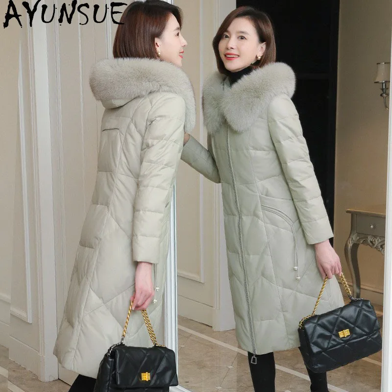 Ayunsue Schapenvacht Echt Leer Donsjack Vrouwen Winter Kleding Vos Bontkraag 2025, Warme Witte Eendendons Jas Dameskleding
