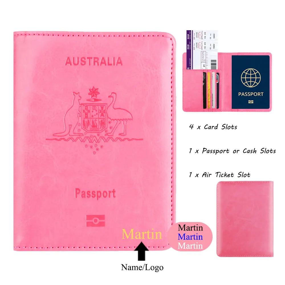 Funda de cuero PU con bloqueo RFID para pasaporte, billetera de viaje con nombre personalizado de Australia, accesorios de viaje