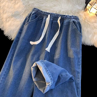 Mens Elastic Waist Straight Drawstring Jeans for Casual Wear Loose Fit Wide Leg Pants for Daily Activities and Workplace