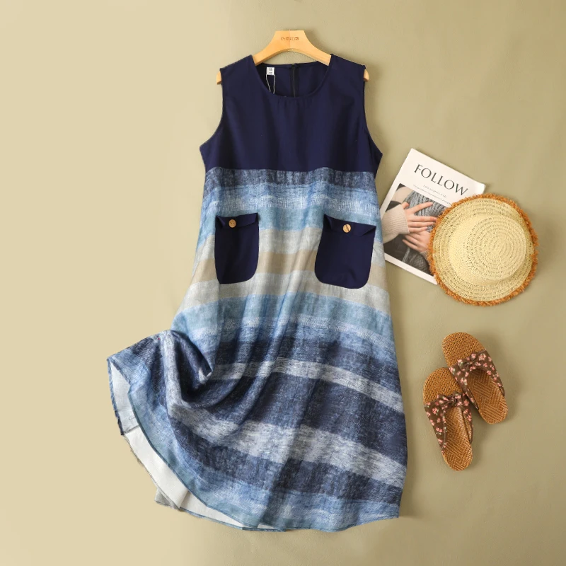 

Женское круглое платье трапециевидной формы большого размера, летнее хлопково-льняное платье в полоску, длинная юбка в стиле ретро для поездок на работу