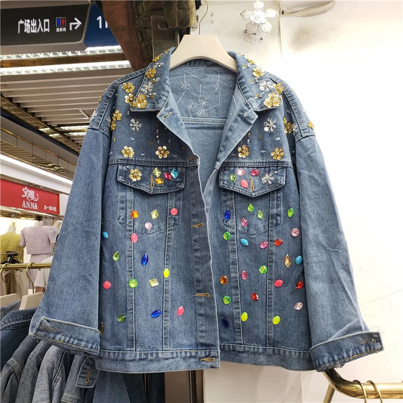 

Manual Sequin Beaded Diamond Blue Short Denim Jacket Loose Long Sleeve Vintage Washed Blue Cowboy Outwear Casual Chaqueta Mujer