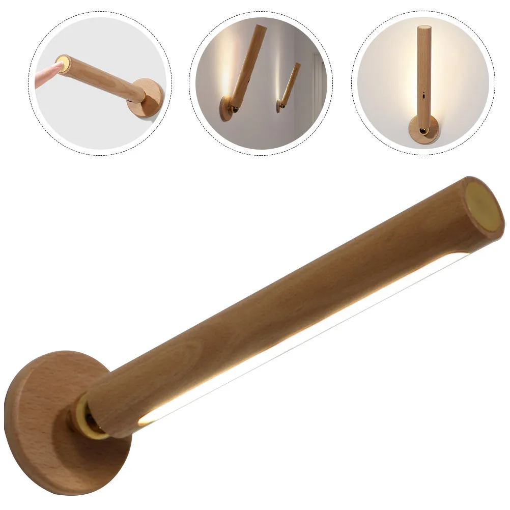 360 Rotatable Wireless Wall Lamp Detachable LED Magnetic Battery Wall Sconce Peel Stick Wooden Night Light for Bedroom Hallway