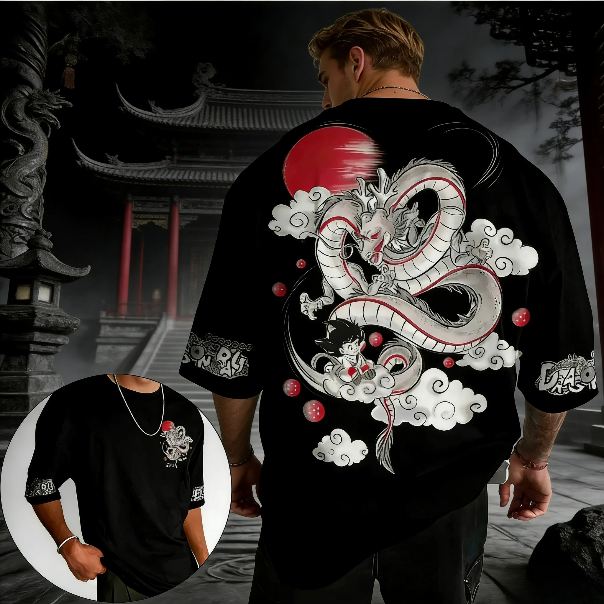 2026 Sommer Dragon Ball Vintage Anime T-Shirt, Herren Reine Baumwolle Locker Sitzendes Lässiges Goku & Shenron T-Shirt für Alltag & Sport