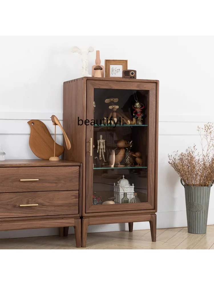 Walnut Side Cabinet with Light Display Cabinet Made of Glass Black Walnut Walnut Wooden Side Cabinet Living Room  Wood Wax Oil