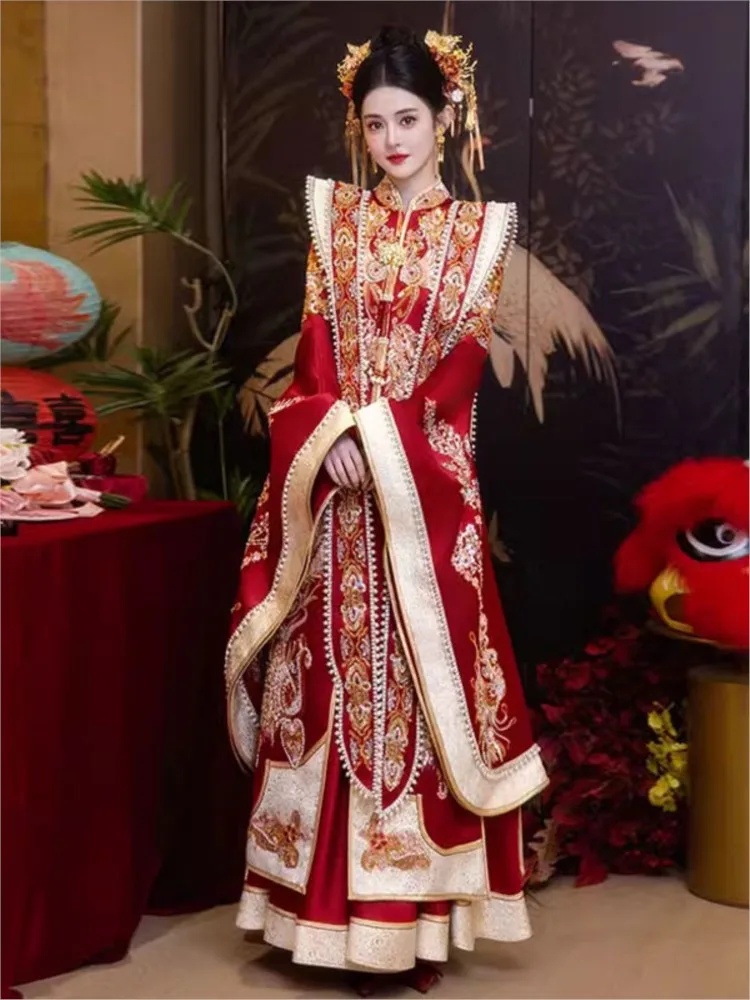 Satin phoenix crown and red wedding dress complete set of Hanfu Chinese-style large size